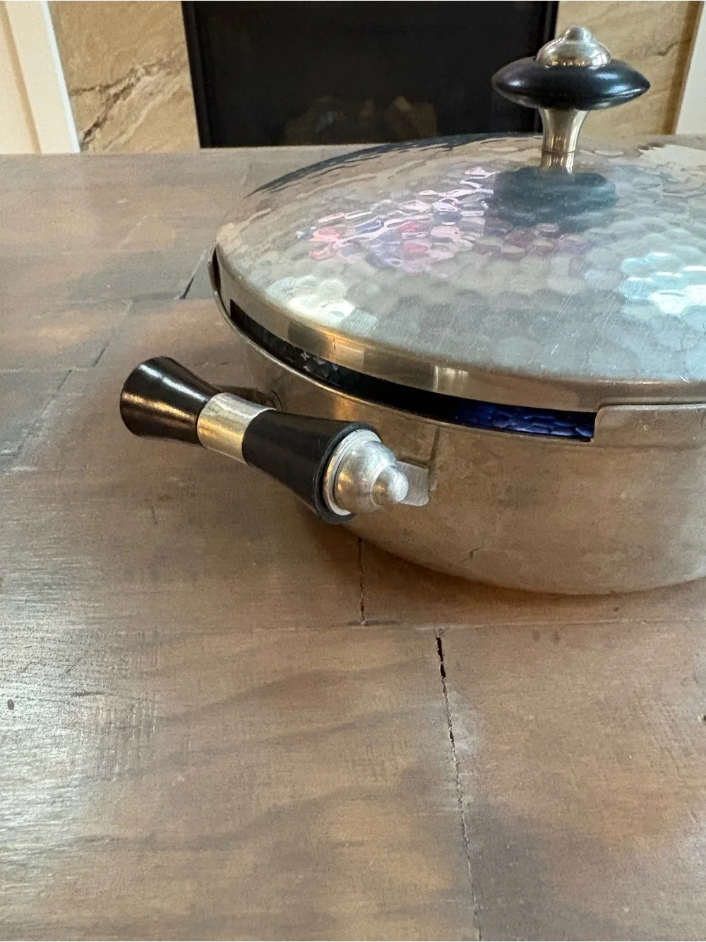 Vintage Hammered Stainless Steel Serving Casserole with Black Handle